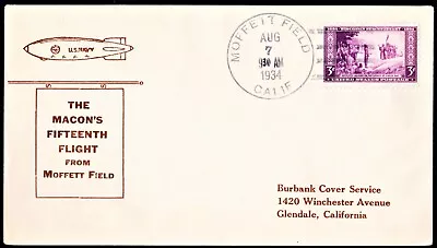 USS MACON ZRS-5 Naval Zeppelin Flight Cover Moffett Field Aug 7 1934 Hulff Cach • $24.50