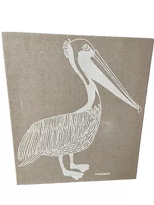 Vintage Marushka Pelican Canvas Screen Print 16x14” Coastal Beach Art 1970s • $74.95