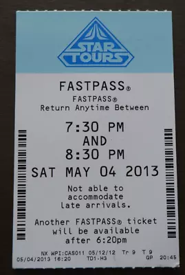 Disneyworld Vintage Paper Fastpass Star Tours Dated 2013 May The 4th • £3.99