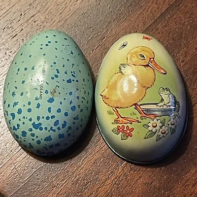 Vintage Metal Easter Egg Candy Holder Tin 2” England Blue Duckling Chick Frog • $11.97