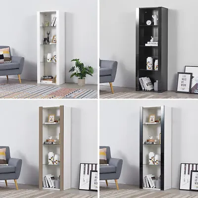 Modern Display Tall Cabinet Bookcase Shelving Units With LED Light 3 Glass Shelf • £79.99