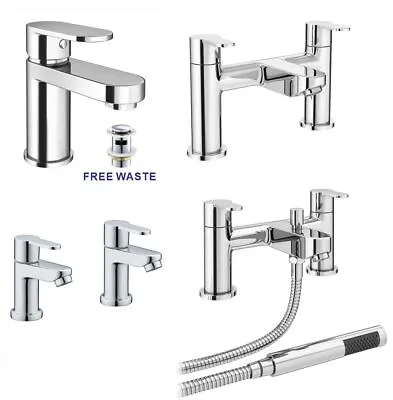 New Modern Chrome Bathroom Square Tap Sets Basin & Bath Taps With Shower & Waste • £29.95