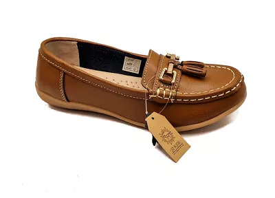 Ladies Leather Slip On Tan Shoes Nautical Flat Jo & Joe • £18.95