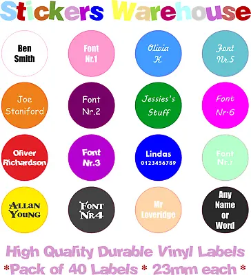 40 Personalised Round Vinyl Stick On Name Stickers Tags School Kids Waterproof • £1.99