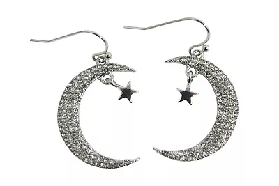 Crescent Moon And Star Sparkling Earrings - Moon And Star Charm Earrings  • $13.50