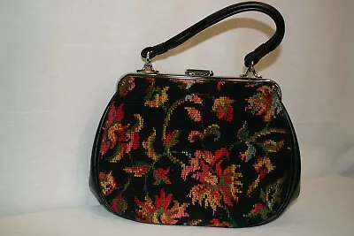 Vtg  60s Floral Tapestry Purse French Country Black Hand Bag Shopper Dove USA • $34.99