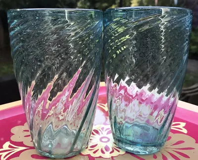 2 Mariposa Hand Blown Aqua Blue Swirl Highball Recycled Tumblers Air Bubbles • $19.99