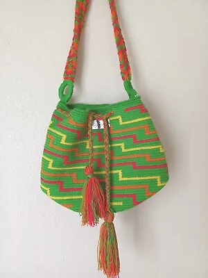 Somos Wayuu Colombian Wayuu Mochila Bag Crochet Bright Neon Green 90's Style • $27.99