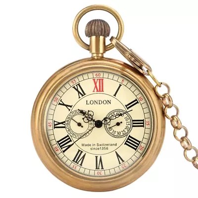 Copper Antique London Mechanical Pocket Watch Hand Winding Men's 30cm Chain • $21.88