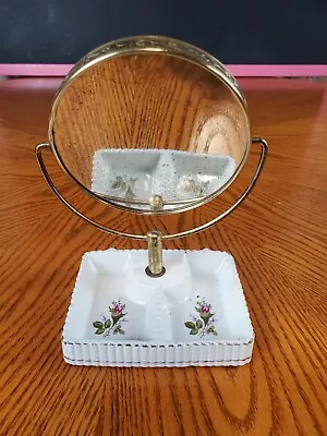 VTG Porcelain Base Double Sided Magnifying Vanity Make Up Mirror Roses Floral • $14.45