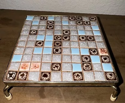 Vintage Mid Century Mosaic Tile Trivet Blue Grey Multi Color 4.75” Metal Feet • $12.99