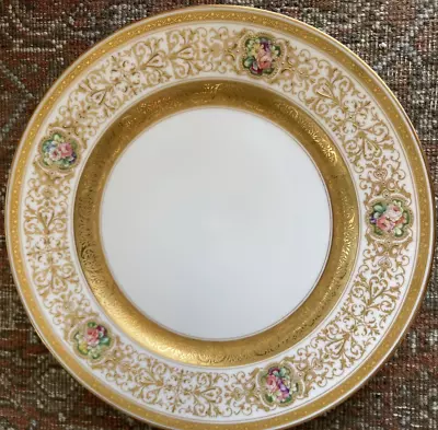 Limoges C. Ahrenfeldt - 8 Dinner Plates Raised Gold - Hand-painted Roses 10 3/8  • $999