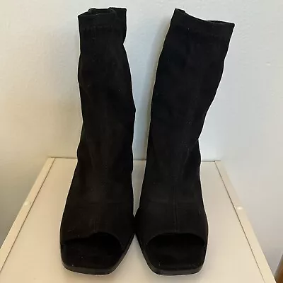 Liliana Fabio-1 Womens Ankle High Open Toe Sock Faux Suede Black Boot Size 8.5 • $24.99