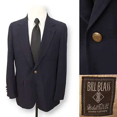 VINTAGE BILL BLASS Solar Fifty Mens Blue Gold Buttons Suit Jacket Blazer 38 R • $44.99