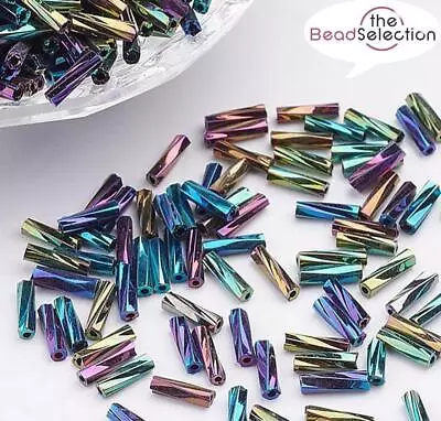 50g 6mm BUGLE BEADS TWISTED METALLIC AB RAINBOW GLASS  • £3.19