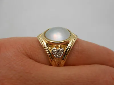 Large 14k Solid Yellow Gold Diamond & 12mm Mabe Pearl Cocktail Ring Sz 6 • $599.99