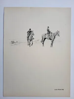 Old Antique Pencil Drawing Sketch Print 1937 Horse Riders In The Welsh Hills • £15.50