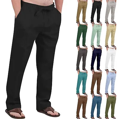 Men's Fashion Casual Cotton Hemp Drawstring Solid Color Beach Trousers Pants • $17.40