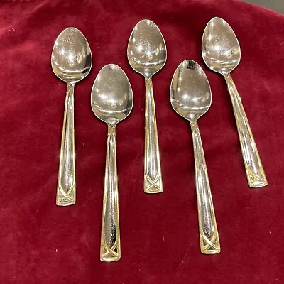 5 CAMBRIDGE CROSSROAD Sands Gold Accent Stainless Flatware Soup Spoons 7 1/4”  • $18.98