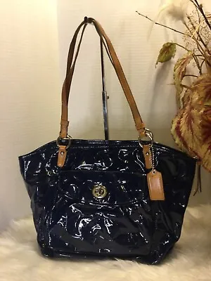 COACH Leah Embossed Navy Blue Patent Leather Logo Tote Shoulder Purse Bag F14663 • $45