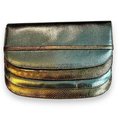 VTG Finesse LaModel New York Clutch Purse Metallic Flap Leather Silver Gold • $24.99