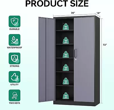 Metal Cabinet 72 With 2 Doors And 5 ShelvesGarage Storage Cabinet With Lockable • $189.99