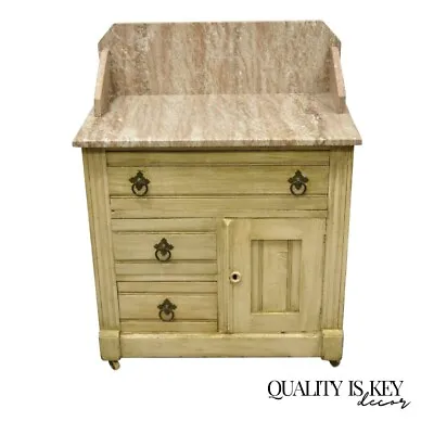 19th C. American Victorian Pink Marble Top Backsplash Washstand Table Cabinet • $650