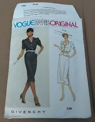 Vogue 2166 Givenchy Straight Loose Fit Skirt & Top Sz 16 Cut Counted Complete • $10