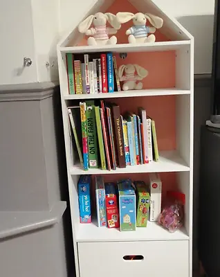 Retro Kids Bookcase Tall Storage Unit Children White Drawer Shelf Cabinet Rack • £65.65