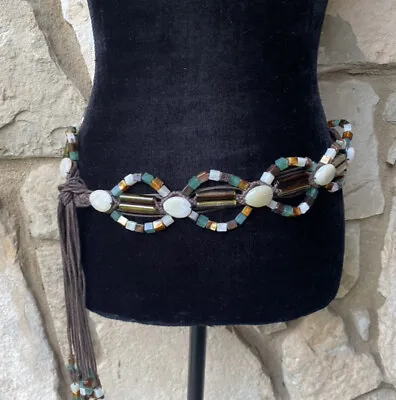 Macrame Belt Brown Multicolor Glass Beads 56  Tie Front Excellent Condition • $26.99