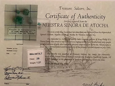 Old Atocha Shipwreck Emerald: 1.27Ct. 2B! Special Auction No Resv. 1986 Cert. • $299