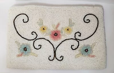 Vintage Michel Swiss Floral Beaded Embroidered White Clutch Purse France  • $29