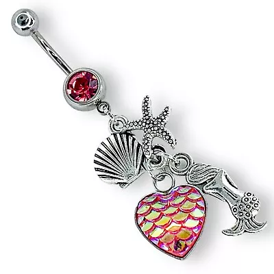 14g Dark Pink Cz Dangle Mermaid Shell Starfish Heart Scale Belly Ring B463 • $9.99