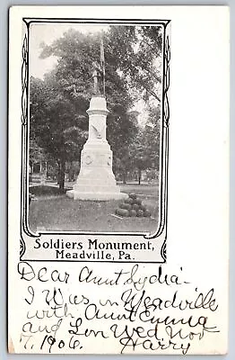 Meadville Pennsylvania~Close Up Soldiers Monument~Cannonballs~1906 Postcard • $11
