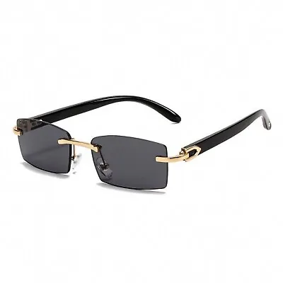 Men's Vintage Rimless Dark Black Tint Gold Frame Woodgrain Hip Hop Sunglasses​ • $14.99