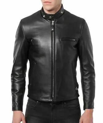 Men's Cafe Racer Leather Jacket Biker Motorcycle Black Sheepskin Genuine Leather • $98.99