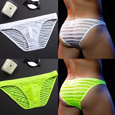 Men's Sheer G-String Thong Striped Mesh Underwear Ultra-thin See-through Briefs • $2.78