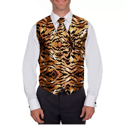 Men's Tiger Animal Print Tuxedo Vest Tie Hanky Set Proms Fashion Waistcoat • $33.95