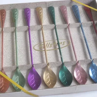 Vintage Swizzle Stick Set 8 Leaf Pattern Spoons Drink Stirrers Original Box • $6.50