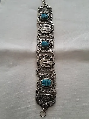 Unique Vintage Egyptian Revival Blue Faience Scarab Silver Turquoise Bracelet • $20
