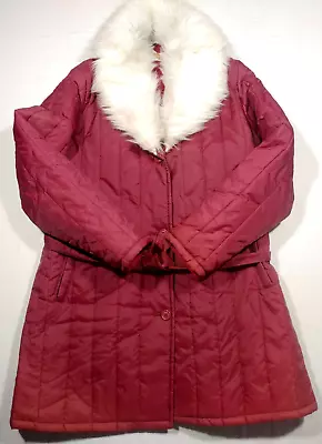 VTG Fingerhut Jacket Womens Size L 16 Burgundy Long Faux Fur Collar 90s 80s • $22.21