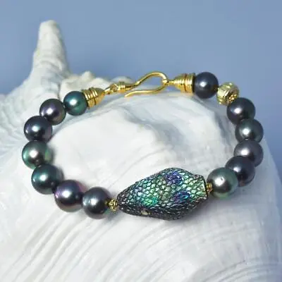 Tahitian Pearls 7.5” Bracelet Paua Abalone Snake Diamond Gold Vermeil Sterling • $1680