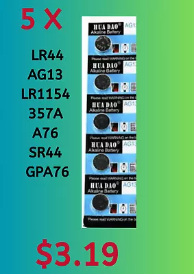 5 X LR44 AG13 LR1154 357A A76 SR44 GPA76 Alkaline Battery Button Cell 1.5V • $3.19