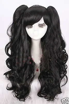 Gothic Lolita Black Full Wig Curly Wave Long Cosplay Wig With Ponytails • $21.99