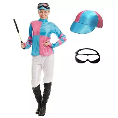 Womens Blue & Pink Jockey Costume S - XL Ladies Horse Racing Rider Fancy Dress • £34.99