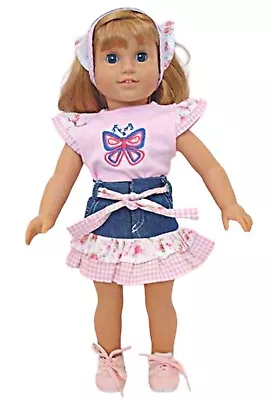 Pink Butterly Tee & Denim Skirt W/Gingham Ruffles Fits 18  American Girl Doll • $9.99