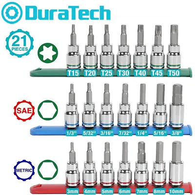 DURATECH 21PC Bit Socket Set 3/8'' Drive Torx Allen Bit Socket S2 Bit Metric SAE • $30.99