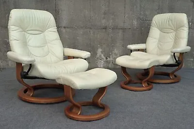 Pair Of Danish Modern Ekornes Stressless Large Recliner Chairs In Cream Leather • $3699.99