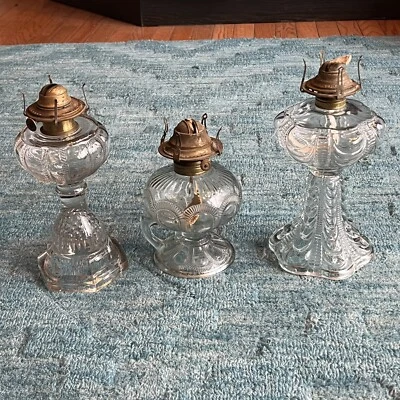 $110 • Buy 3 Vintage Antique Glass Oil Kerosene Lamps Coolidge Drape Fish Scale Zipper Loop