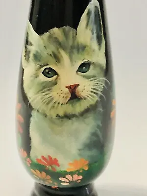 $18 • Buy Vintage Asian Wood Bud Vase Hand Painted Black Lacquered Grey Cat Floral 6.5” H